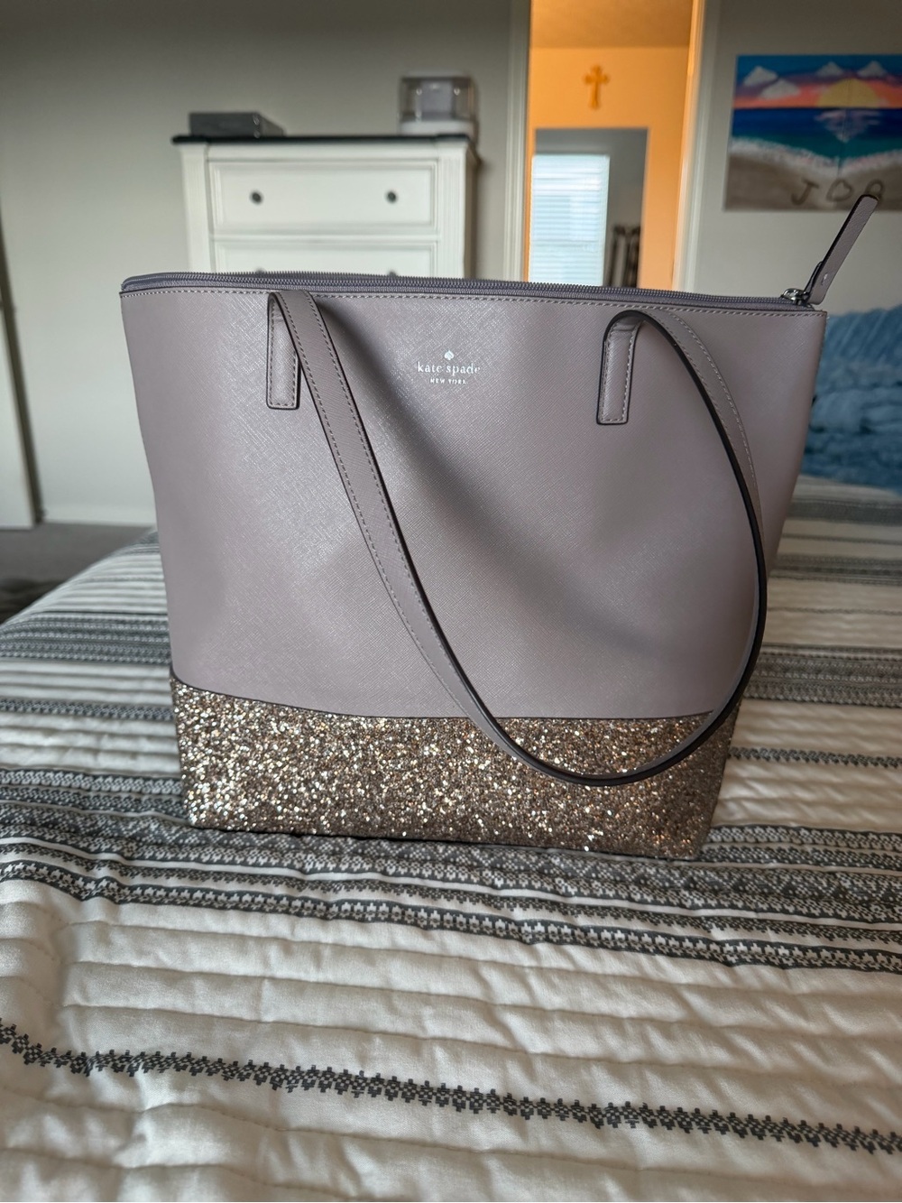 kate spade Glitter-Trim Tote in Light Lavender and Gold